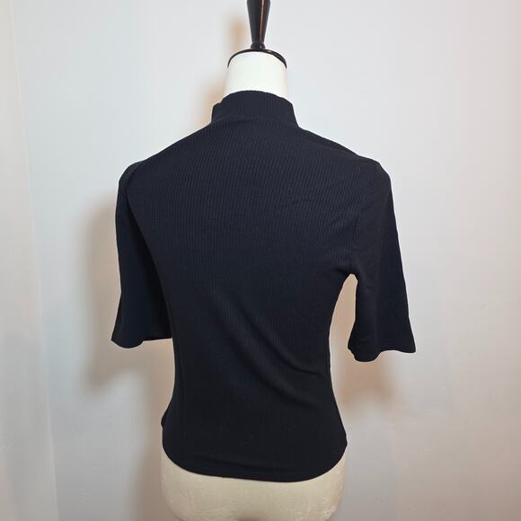 Reformation Black Ribbed Mock Neck 3/4 Sleeve Women’s Top Size L Stretch - Picture 4 of 7